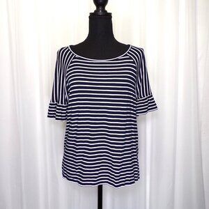 Max Studio London Women's Top Large Blue White Striped Flared Sleeve Casual
